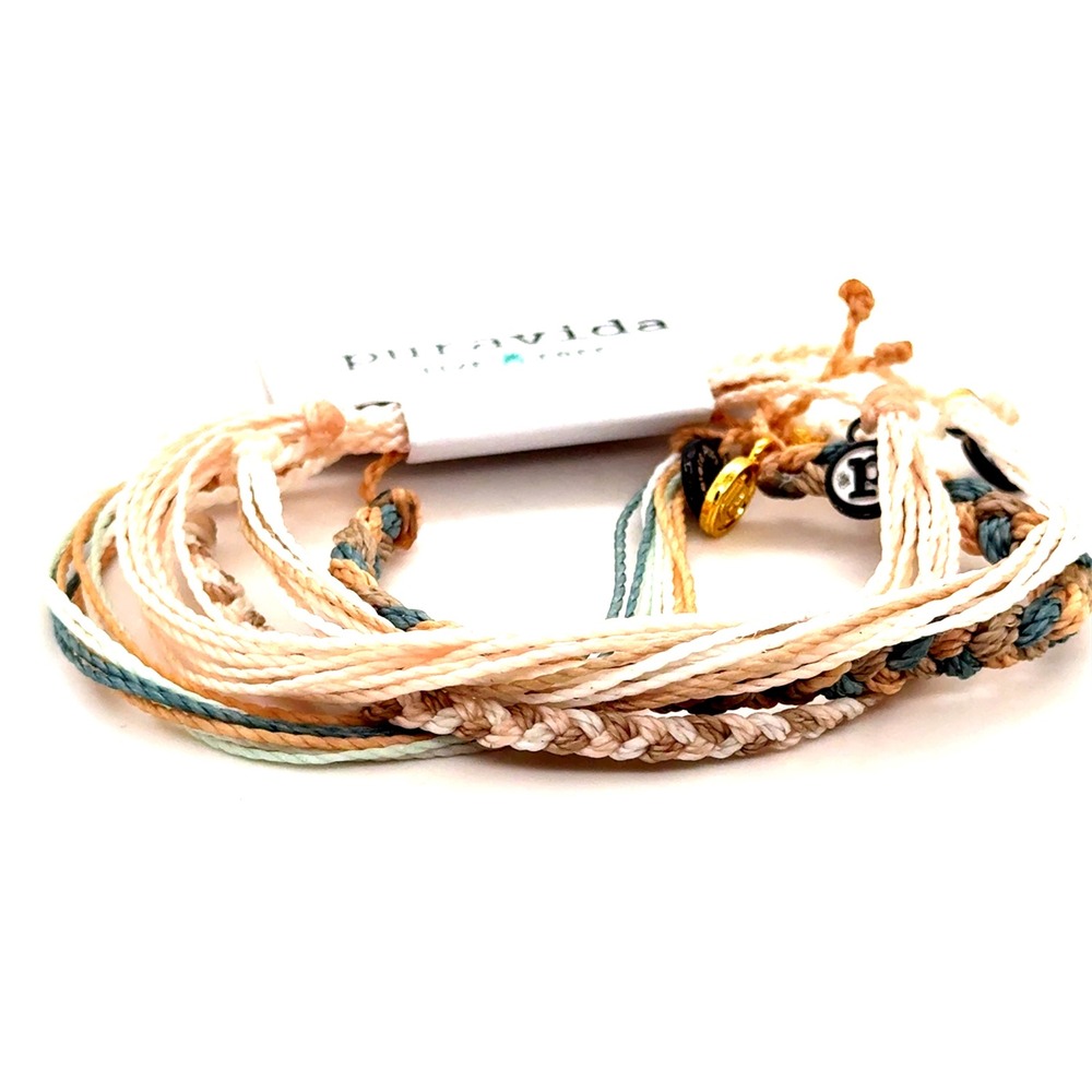 Pura Vida Friendship Pack Bracelet Set Cream Tan Blue Braided Wax Cord NEW